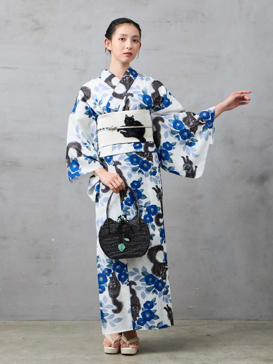 残りわずか】浴衣単品「 水墨猫 」(FREE ダークレッド): ふりふ