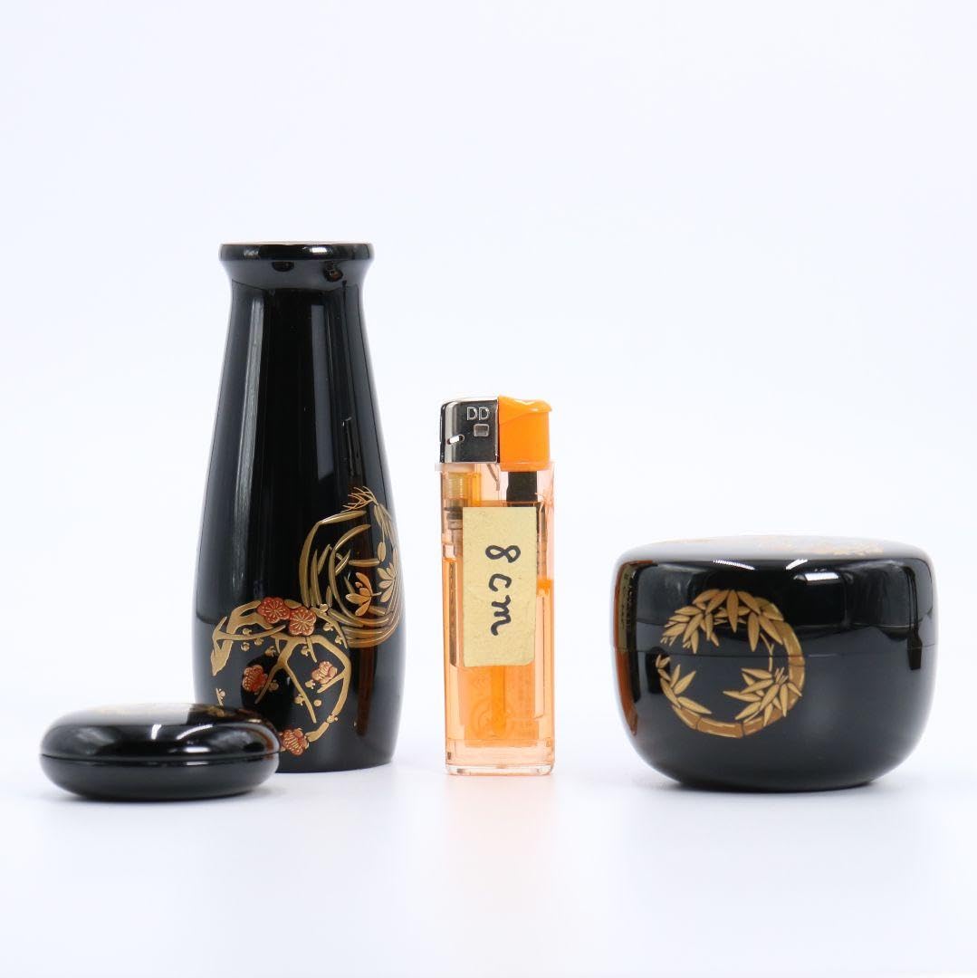 丸紋四君子蒔絵茶箱三つ組 染付山水絵二点揃 桐箱/