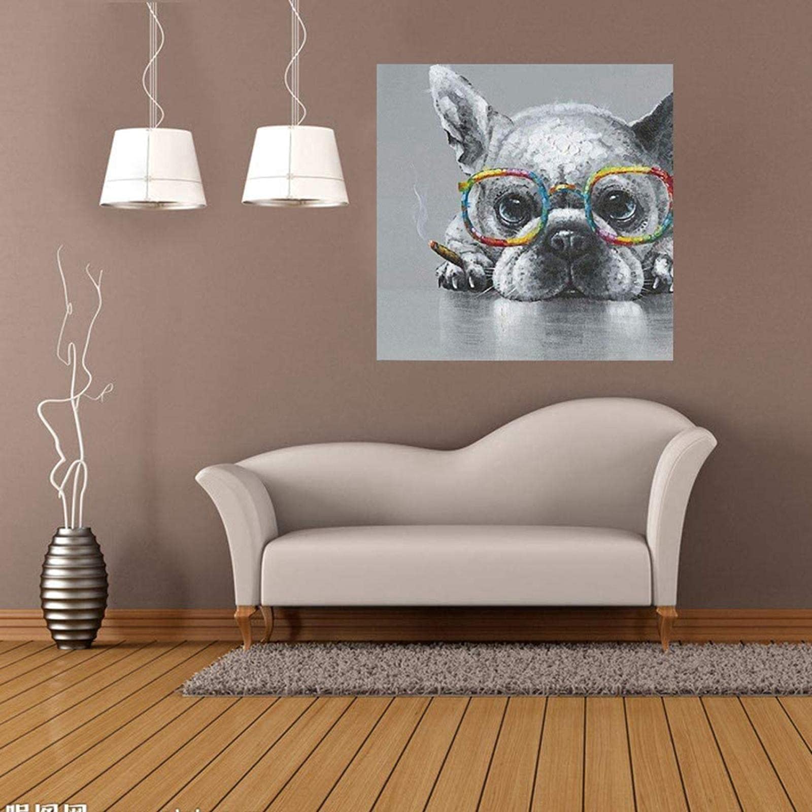 Amazon.co.jp: 油絵 犬 フレンチブルドッグ アート 黒白 眼鏡 喫煙