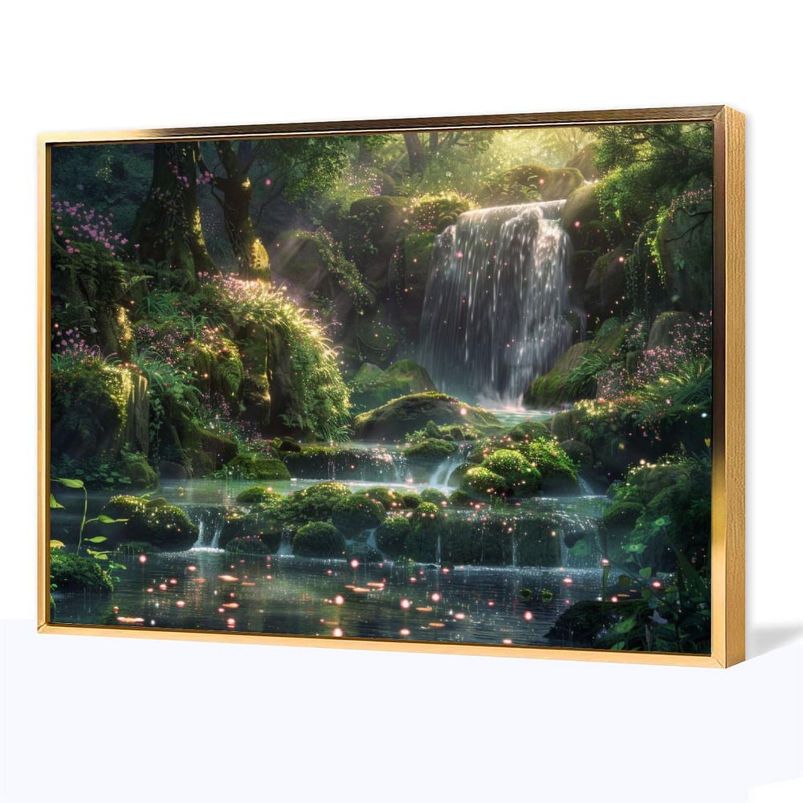 Amazon.co.jp: 絵画 苔むした岩と緑豊かな森の中の滝 アートパネル