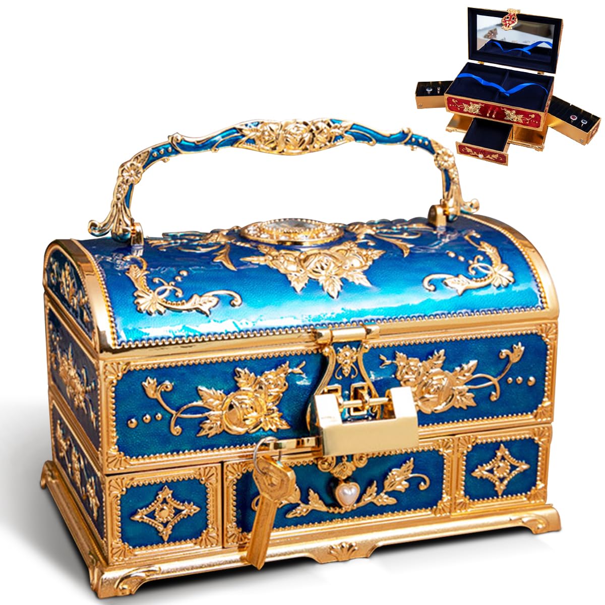 Amazon｜アンティーク アンティークスタイル 宝箱 鍵2本付き 化粧鏡