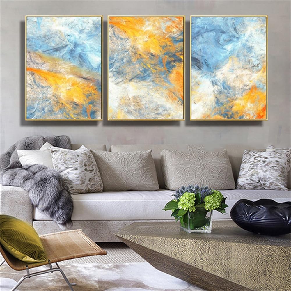 Amazon.co.jp: 3ピース 抽象画 青と黄色の抽象画 アートキャンバス