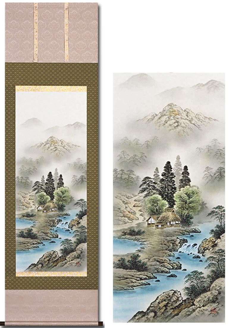 Amazon.co.jp: 掛け軸 開運 彩色 山水 四神相応山水画 伊藤岳仙 夏