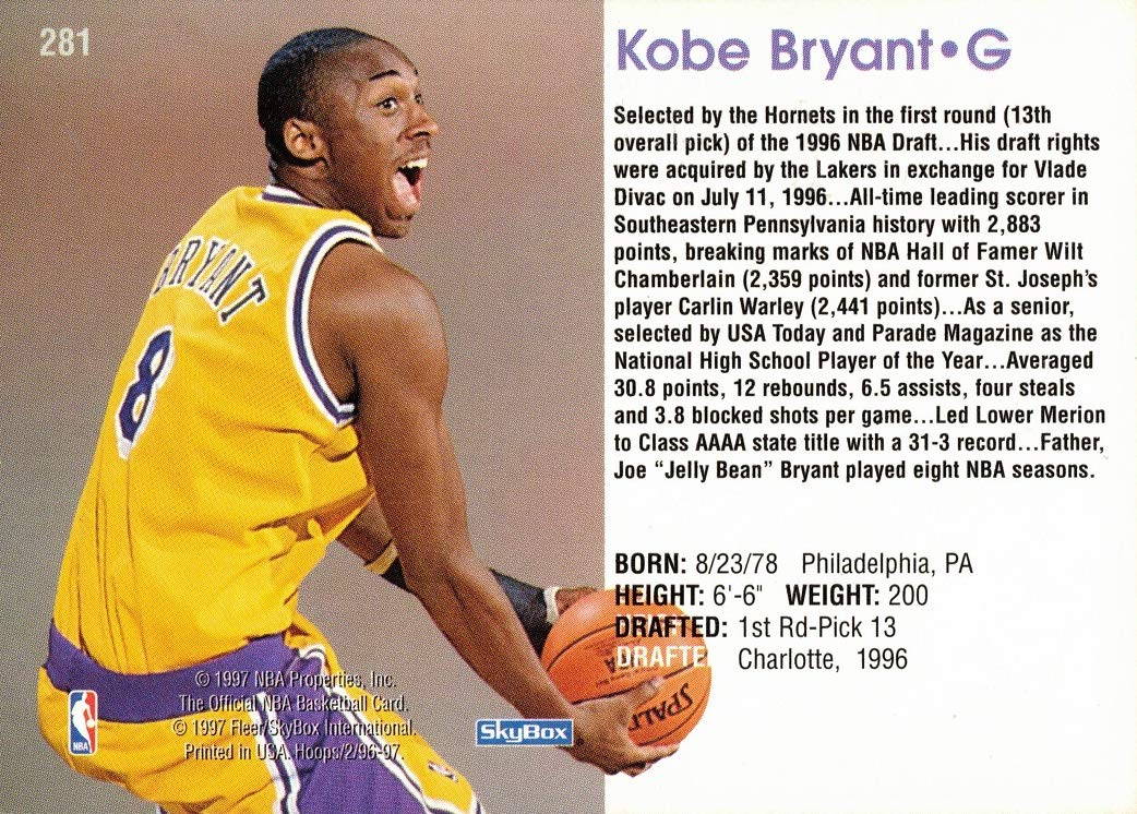 Amazon.com: 1996-97 NBA Hoops Basketball #281 Kobe Bryant Rookie