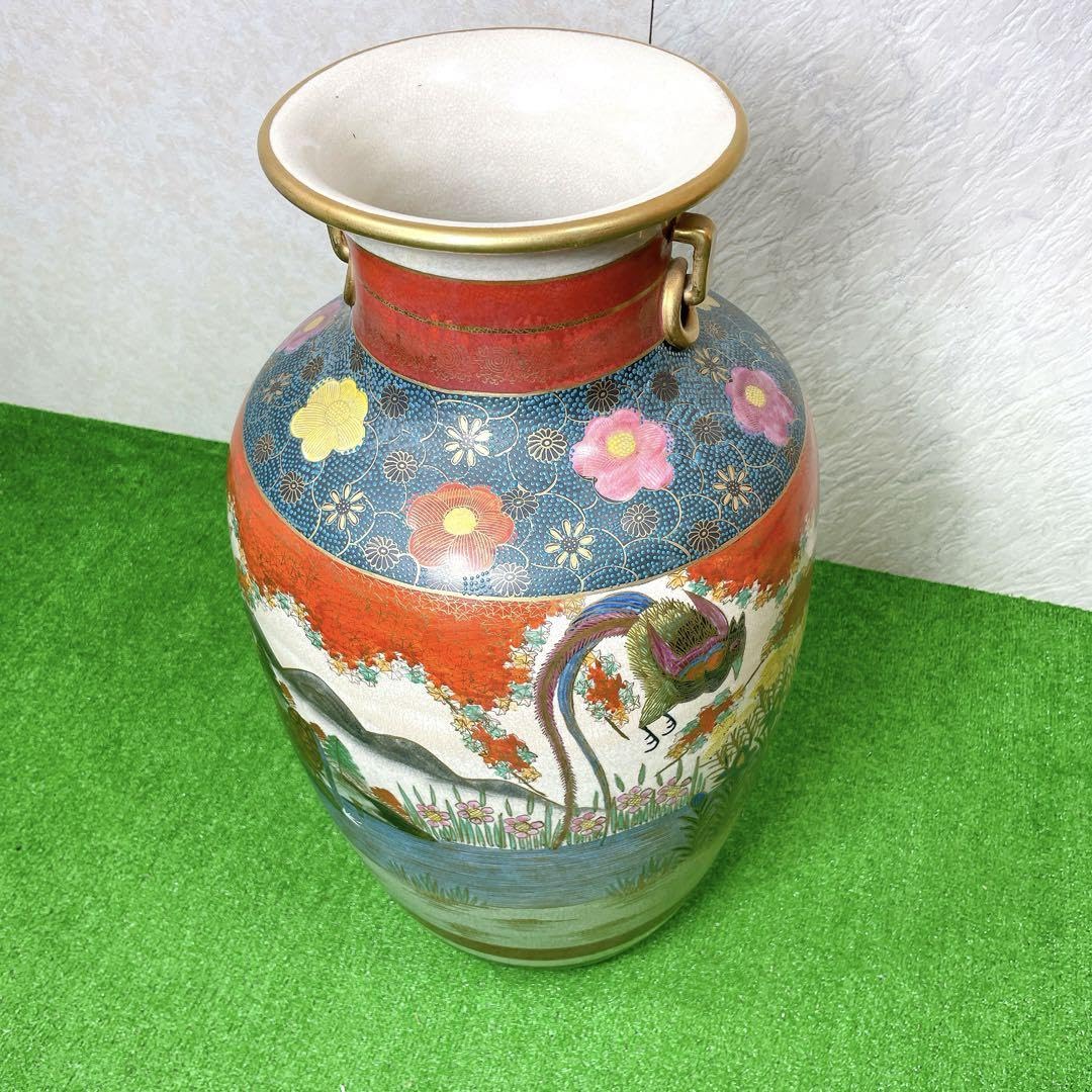 高級！骨董品 薩摩焼 大瓶 金蘭手染錦花絵図 金錦 耳付 壺 花瓶 【公式