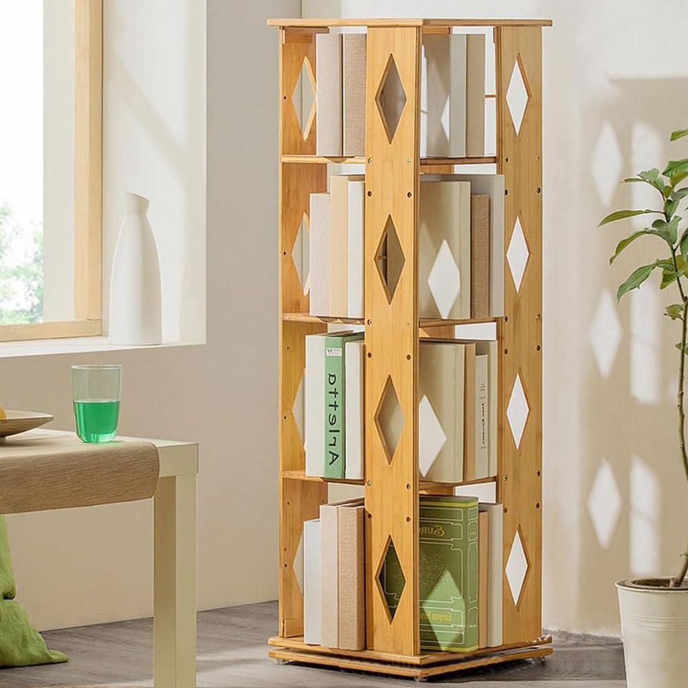 Amazon｜DINGHANG 回転式本棚 竹製 大容量 回転ラック 4面 回転本棚