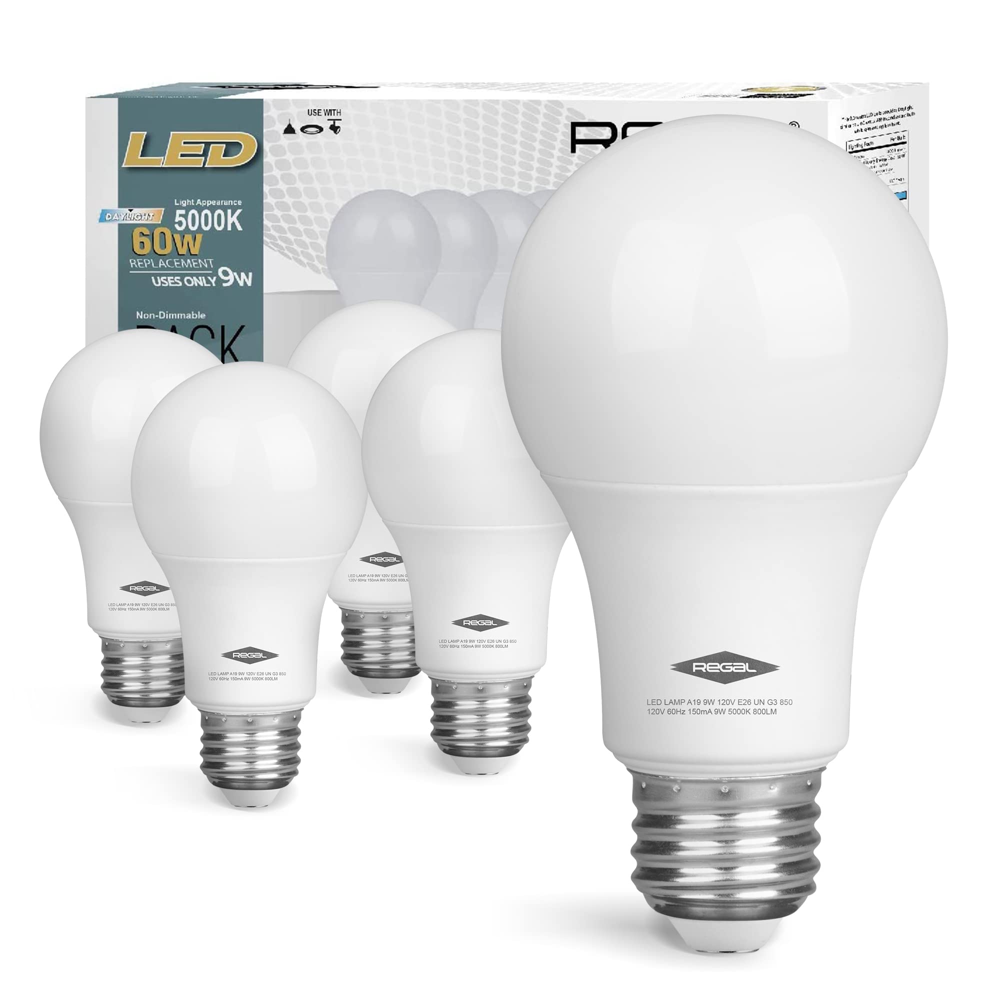 Regal LED A19 Light Bulb 5000K Daylight 800-Lumen, 9-Watt (60-Watt