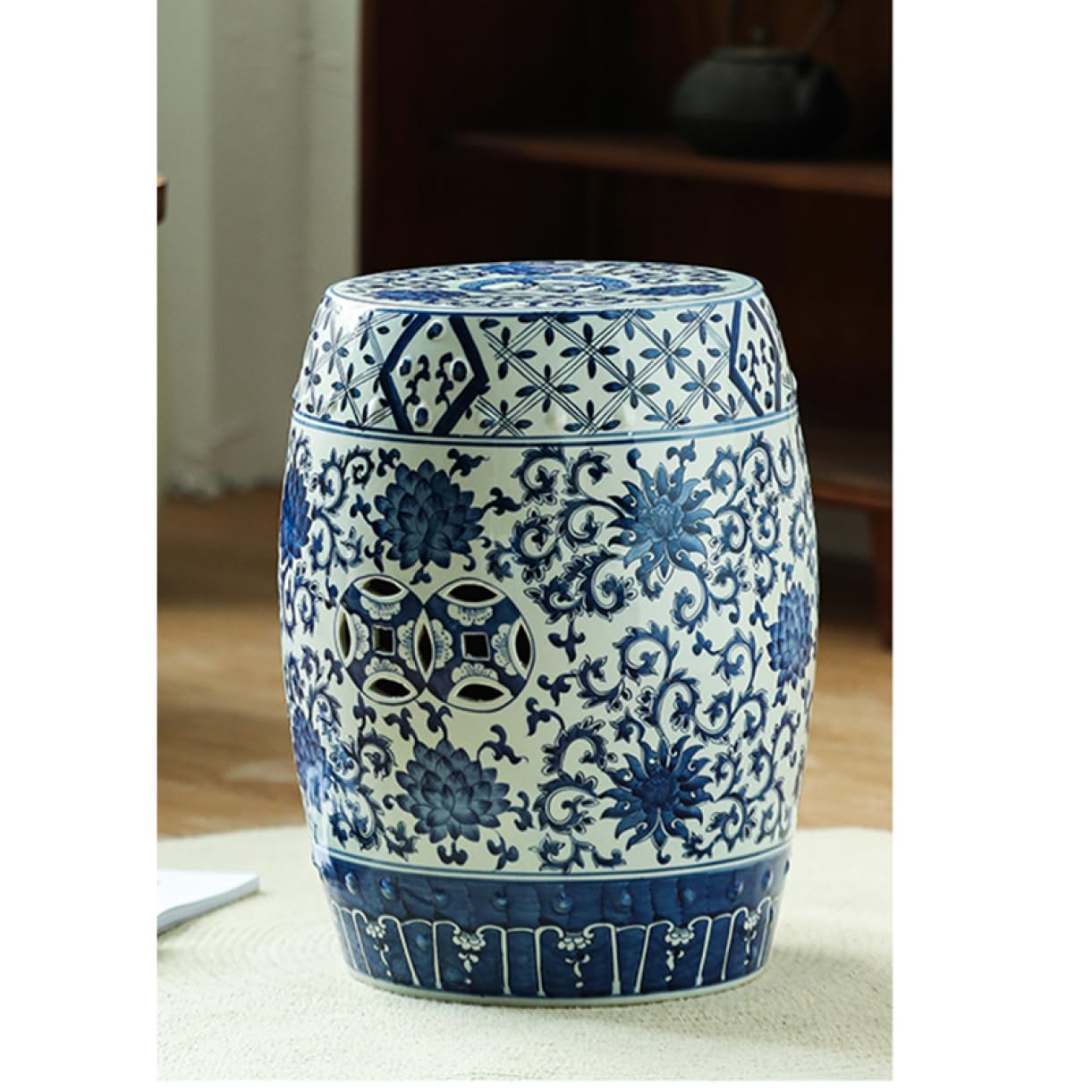 Amazon.co.jp: [GZGZ] 青白花陶器スツール 花台 椅子 置物