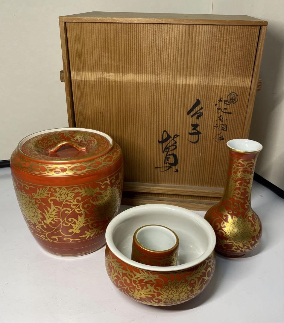 S302 皆具 『赤絵鳳凰文台子』『平安祥堂』 共箱 茶道具 S302 皆具 『