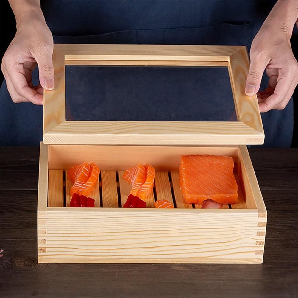 Amazon.co.jp: 木製寿司箱 ネタ箱 目皿 アクリル製 フタ付飲食店 木製