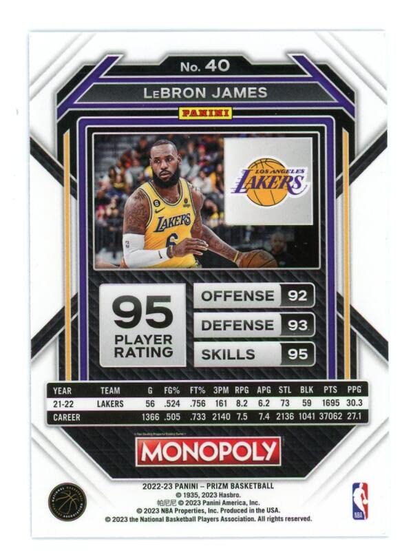 Amazon.com: 2022-23 PANINI MONOPOLY PRIZM #40 LEBRON JAMES LOS