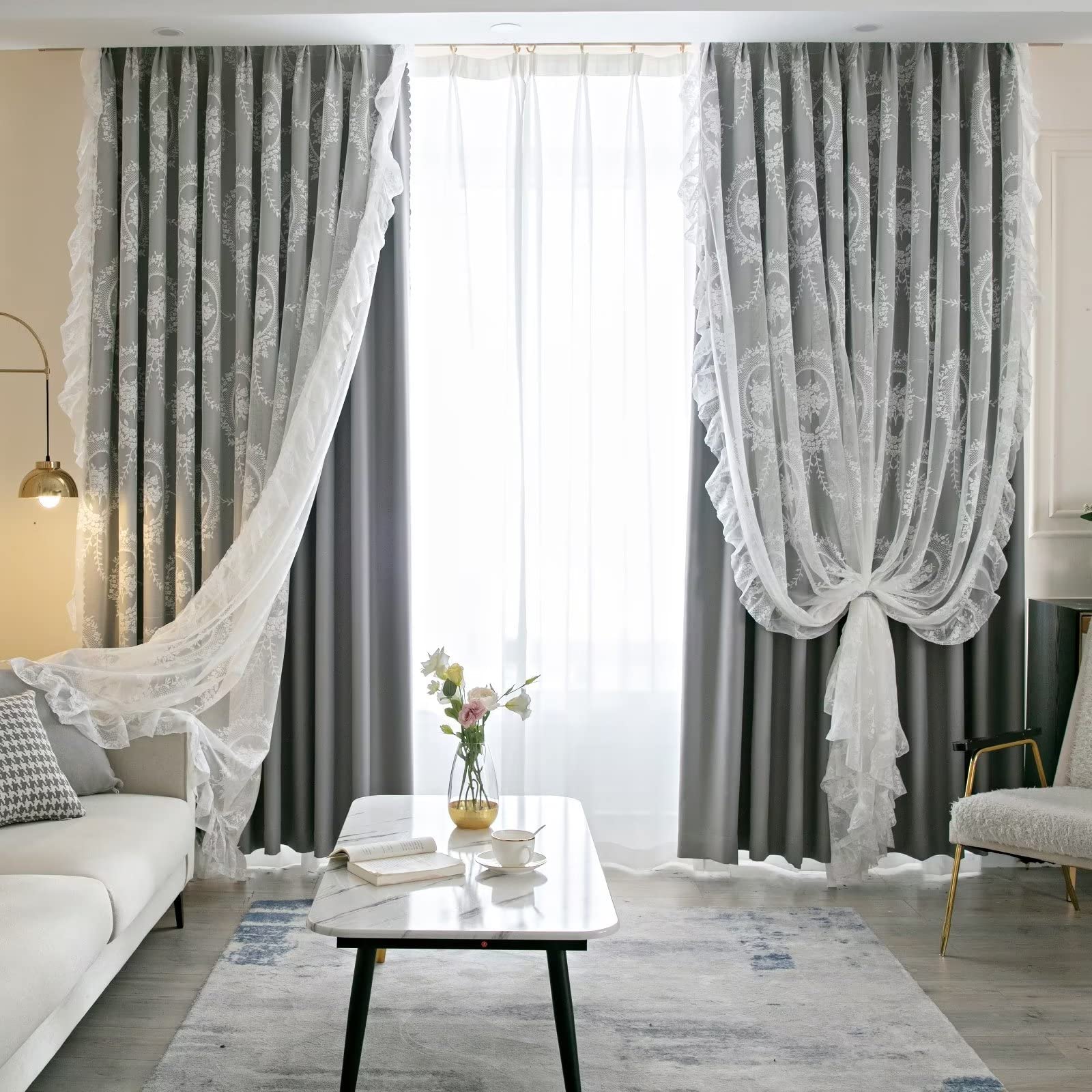 Amazon｜姫系カーテン 遮光 おしゃれ 可愛い 一体型カーテン 刺繍 二重