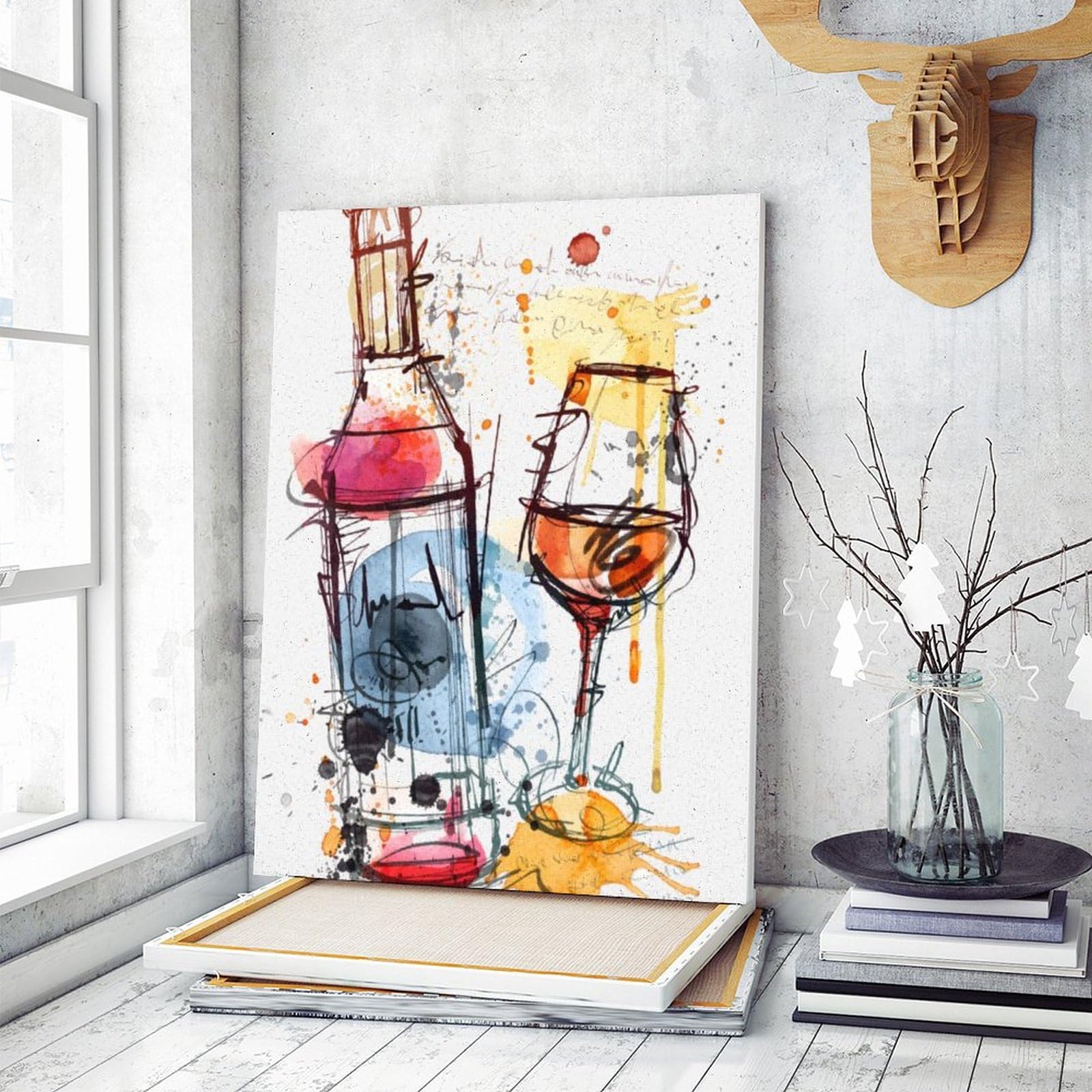 Amazon | ワインボトルとワイングラス 数字油絵 スケッチ落書き風