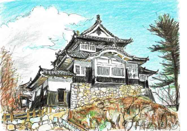 日本の名城、備中松山城スケッチ: 円空仏などの彫刻や石仏五百羅漢の色