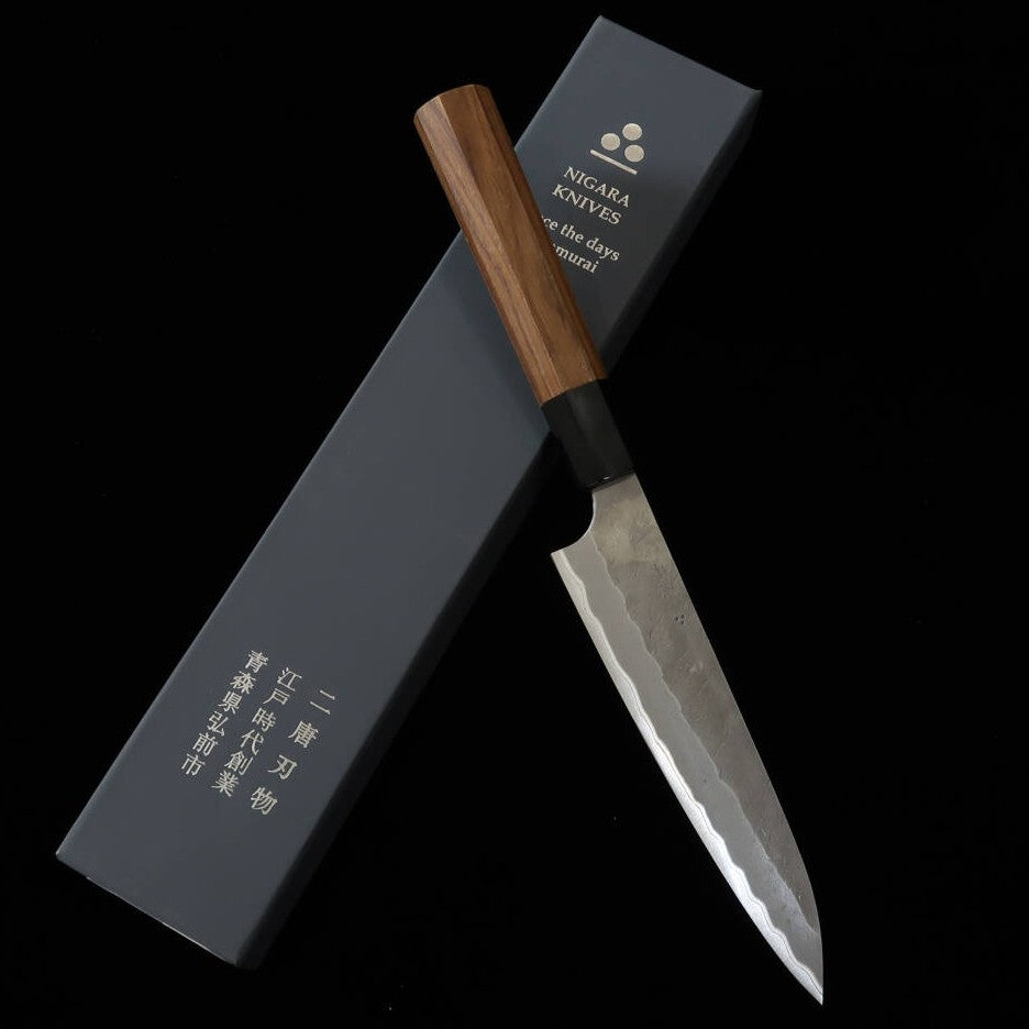 二唐刃物鍛造所 NIGARA 青紙スーパー ペティナイフ みがき槌目 チーク