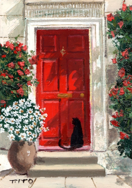 猫の絵画を油絵で描いた伊東拓実の猫の絵「赤い扉と猫・2」をご購入