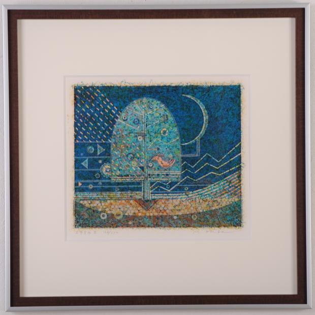 大場正男がペーパースクリーンの版画で制作した木の絵「おやすみ・2」