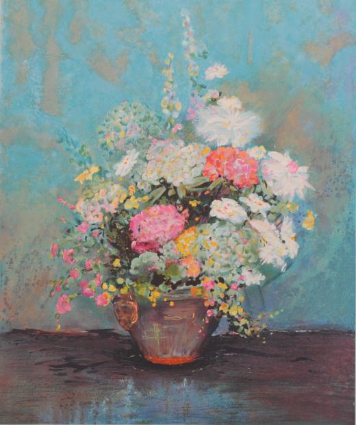 花の絵画をリトグラフの版画で制作したアンヌ・マリーの花の絵「ブーケ