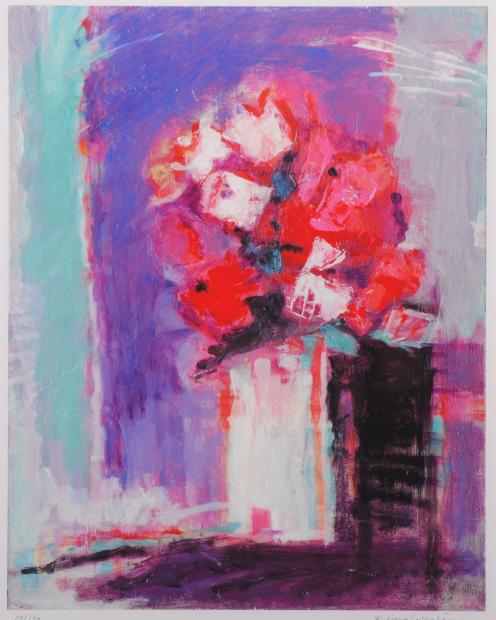 花の絵画をシルクスクリーンの版画で制作した高田日出子の花の絵「赤い