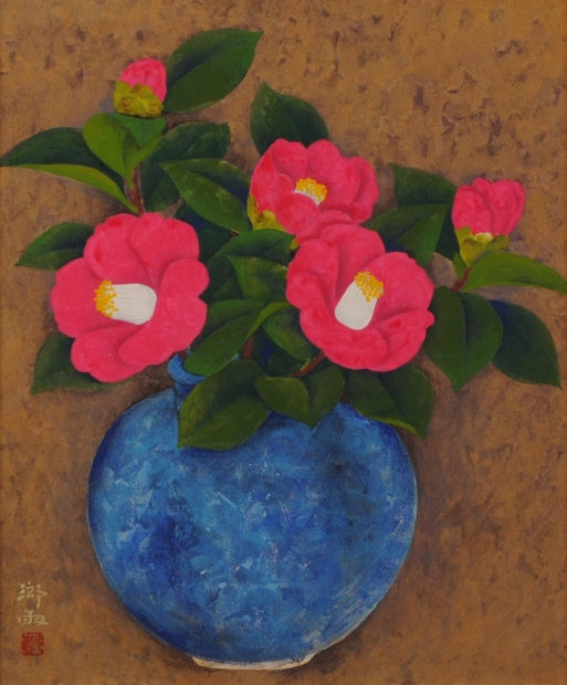 花の絵を日本画の絵画で描いた遠峰郷雨の和の花の絵「椿」