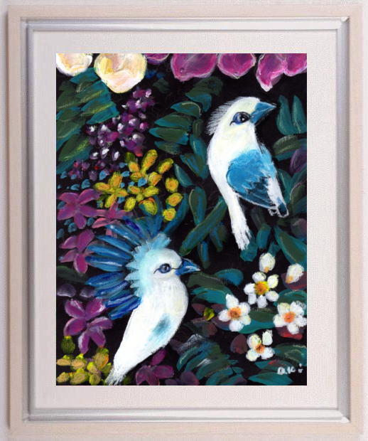 絵画のミクストメディアで秋永清二が描いた鳥の絵「南国の鳥・3」を
