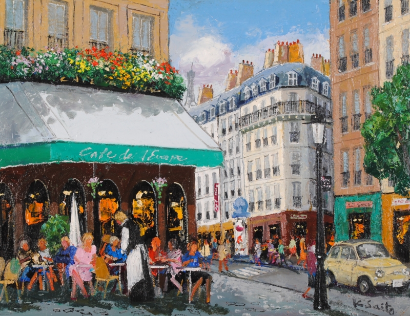 油絵の絵画で斉藤要が描いたパリの絵の油絵「街角のカフェ」をご購入