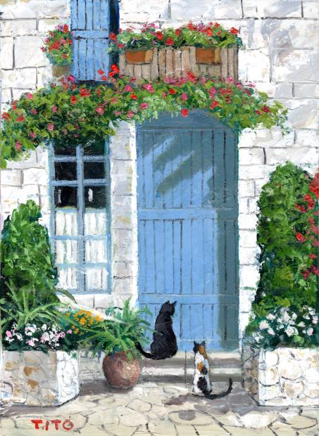 猫の絵画を油絵で描いた伊東拓実の猫の絵「青い扉と二匹の猫」をご購入