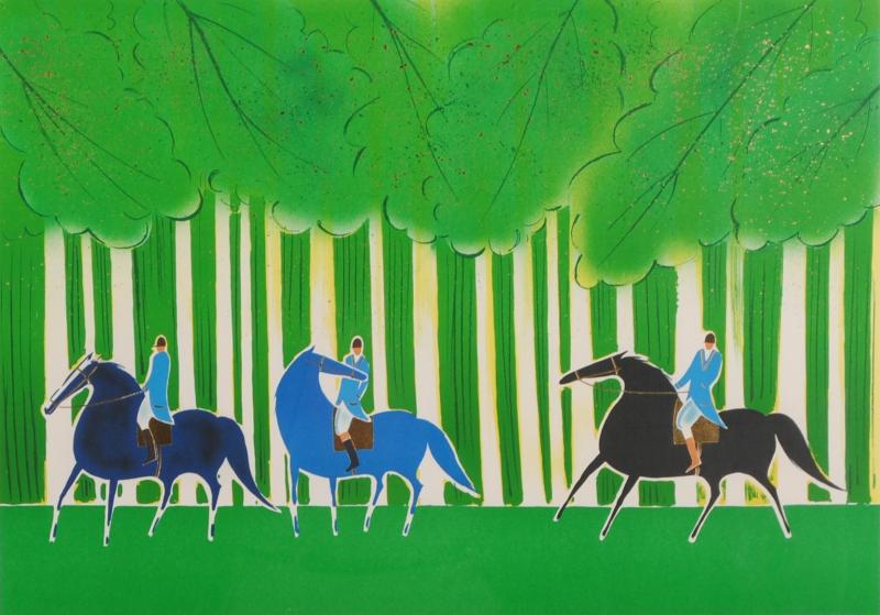 馬の絵画をリトグラフの版画で制作したセルジュ・ラシスの馬の絵「森の