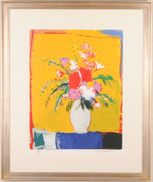 花の絵画をリトグラフの版画で制作した吉岡耕二の花の絵「黄色い背景の