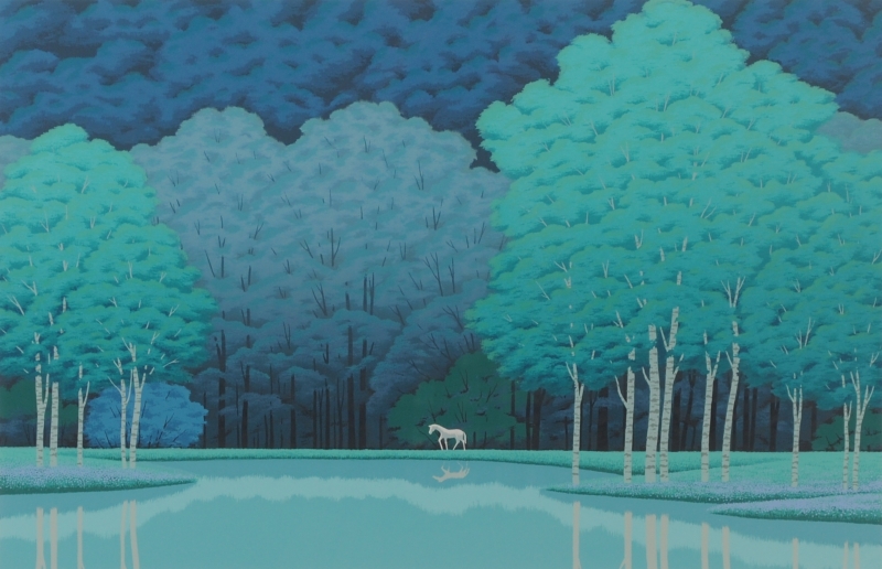 馬の絵をシルクスクリーンの版画で制作した国武久巳の馬の絵「蒼い森