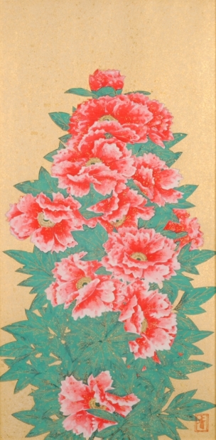 真作】絵画 日本画 紅白牡丹図 優雅に咲き誇る花の美 牡丹花盛図 W183