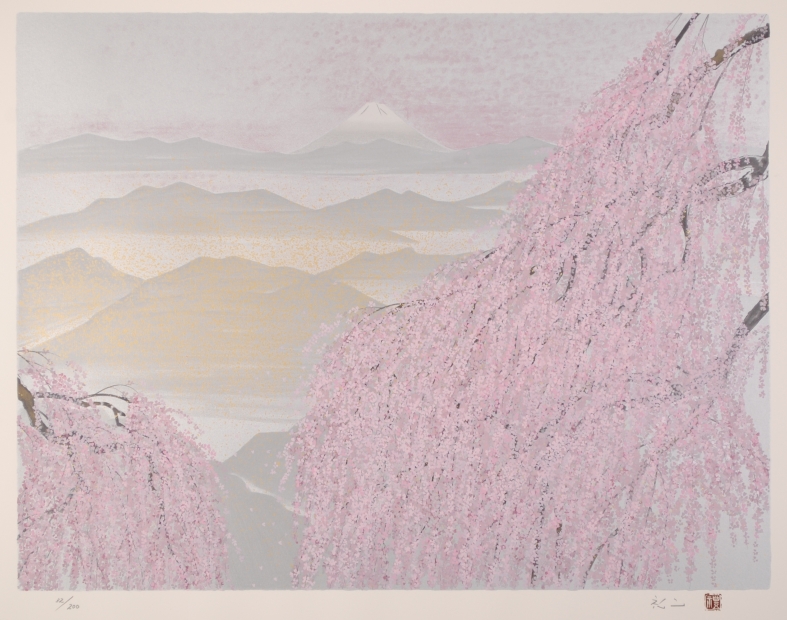 平松礼二がシルクスクリーンの版画で制作した桜と富士山の和の絵「路