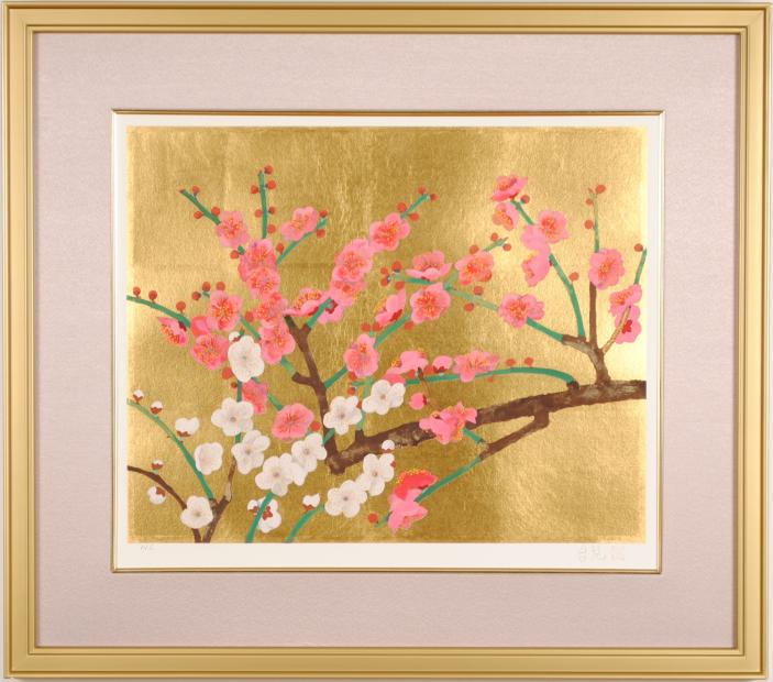 濱田台兒がリトグラフの版画で制作した和の花の絵「紅白梅」を通販で販売