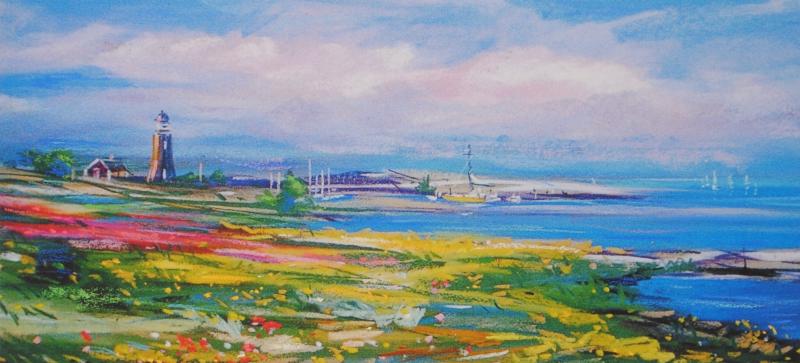 海の絵画をジークレーの版画で制作した石井清の海の絵「花咲く灯台・G