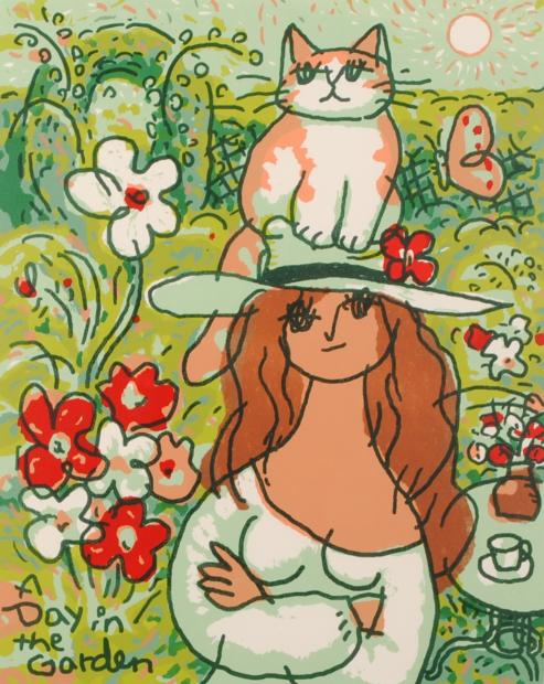 マイケル・ルーのポップアートの猫の絵画「庭にて」を通販で販売