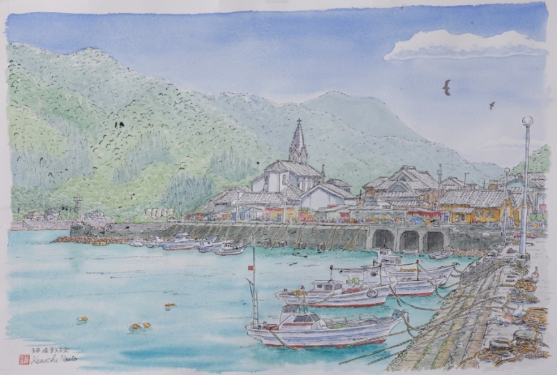 絵画の水彩画で内藤謙一が描いた熊本の絵「天草・崎津天主堂」