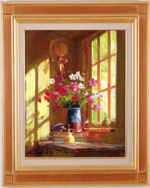 油絵の絵画で田中清が描いたコスモスの花の絵の油絵「陽光」をご購入