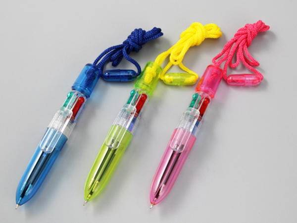 安全キャップ ネックストラップ付4色ボールペン ｜ストラップペン｜名