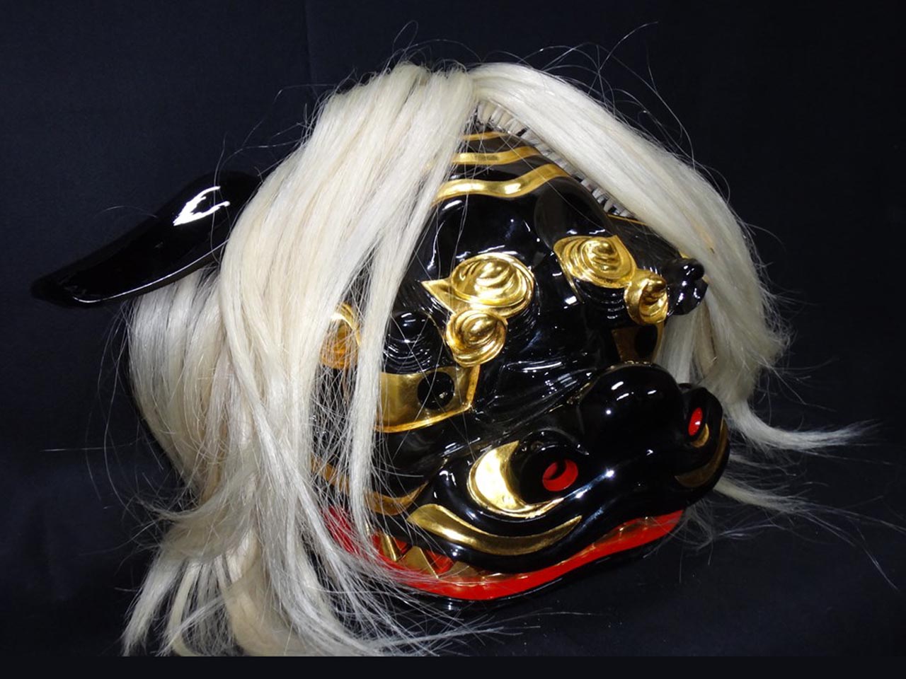 獅子頭-完成品大特価、黒宇津獅子1尺2寸白髪付き