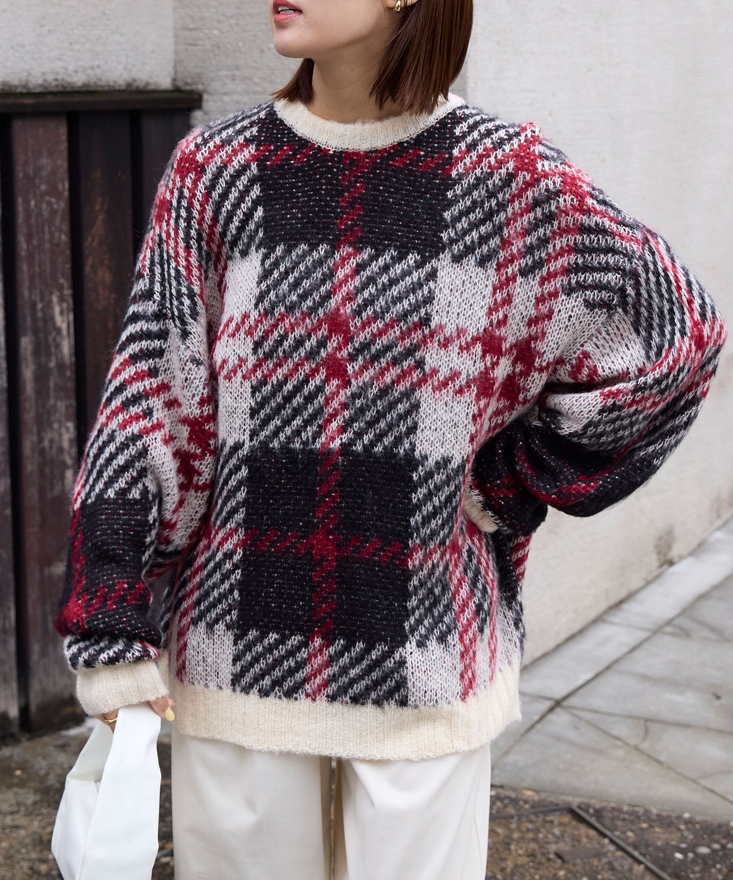 チェック柄ジャガード ビッグシルエット クルーネック ウォッシャブル