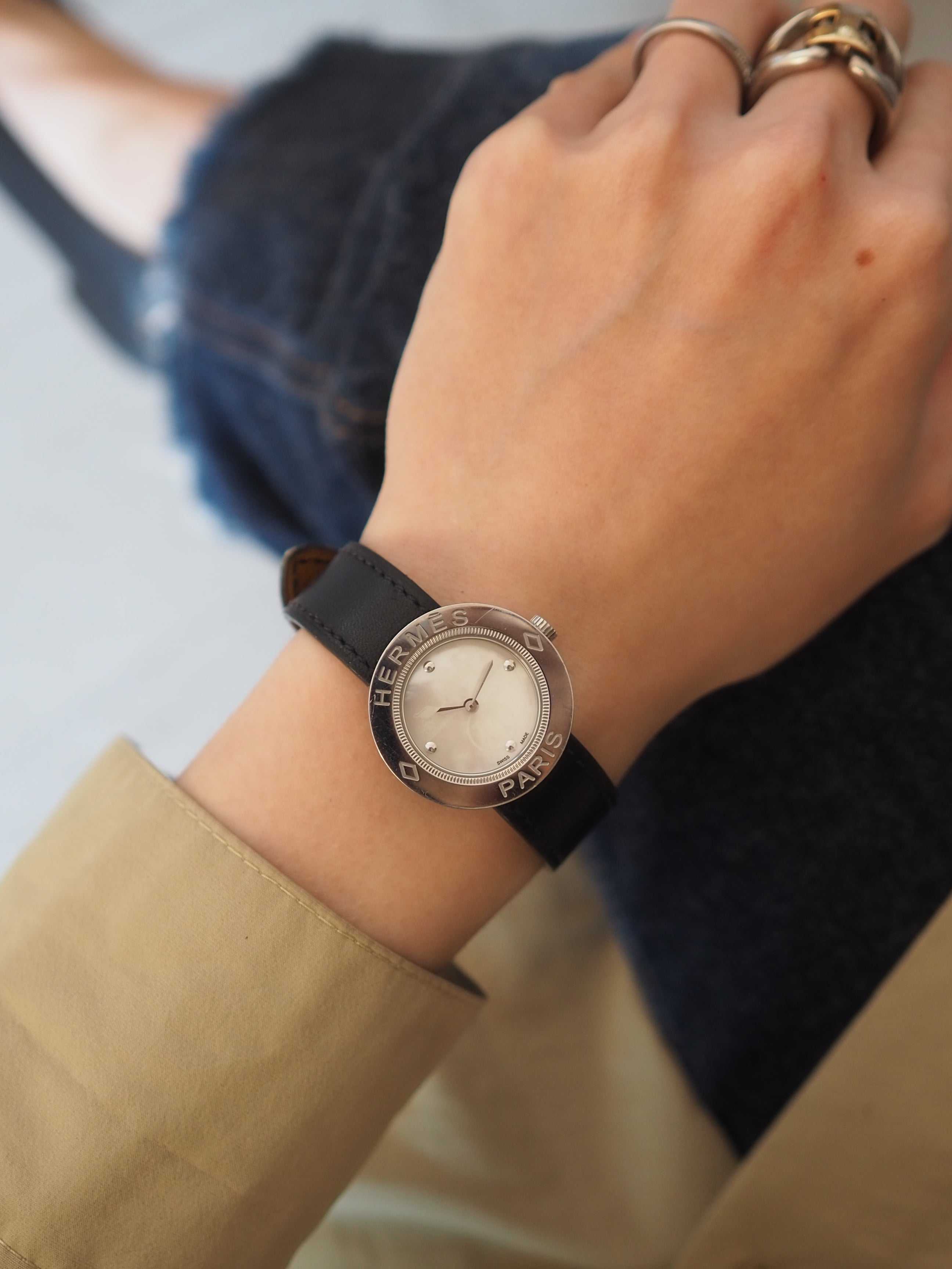 HERMES エルメス パスパス ウォッチ 腕時計 シェル シルバー ブラック