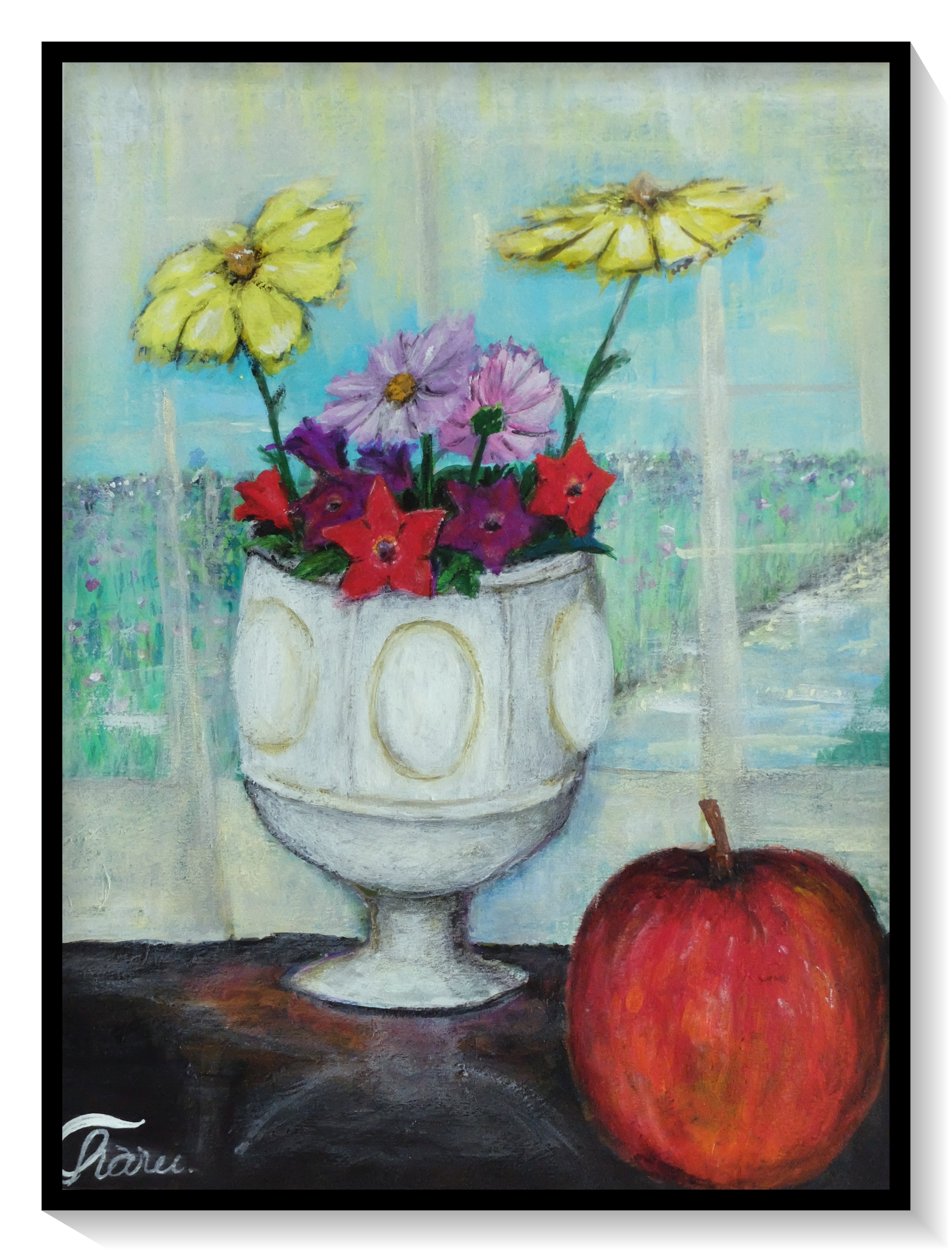 趣味でアクリル画を描いています - 窓辺に置かれた花瓶