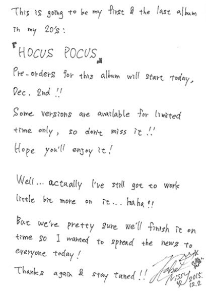 Nissy #HOCUSPOCUS #アルバム発売決定おめでとう #Nissy直筆メッセージ