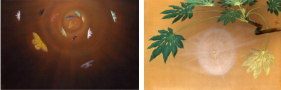 速水御舟《昆虫二題》のうち「粧蛾舞戯」(山種美術館)。「葉蔭魔手」と