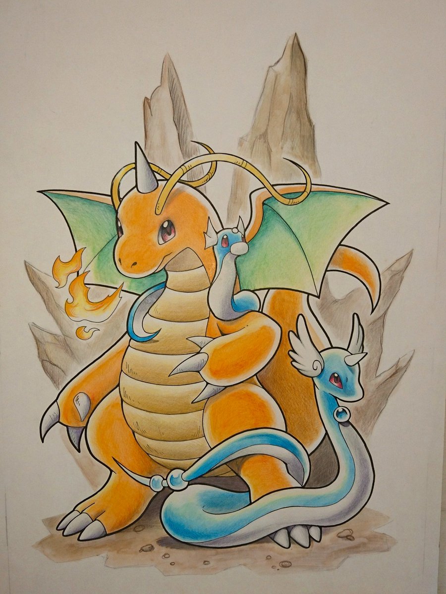 ミニリュウ、ハクリュー、カイリュー！色鉛筆で描きました。 #模写