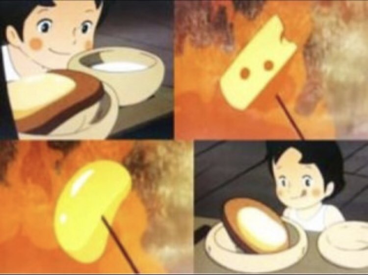 目玉焼きのシーン、 #アルプスの少女ハイジ のチーズのせパンを