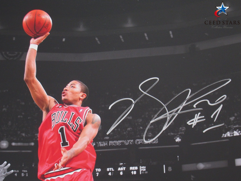 デリック・ローズ ブルズ時代直筆サイン + #1 入りNBA公式大判ポスター