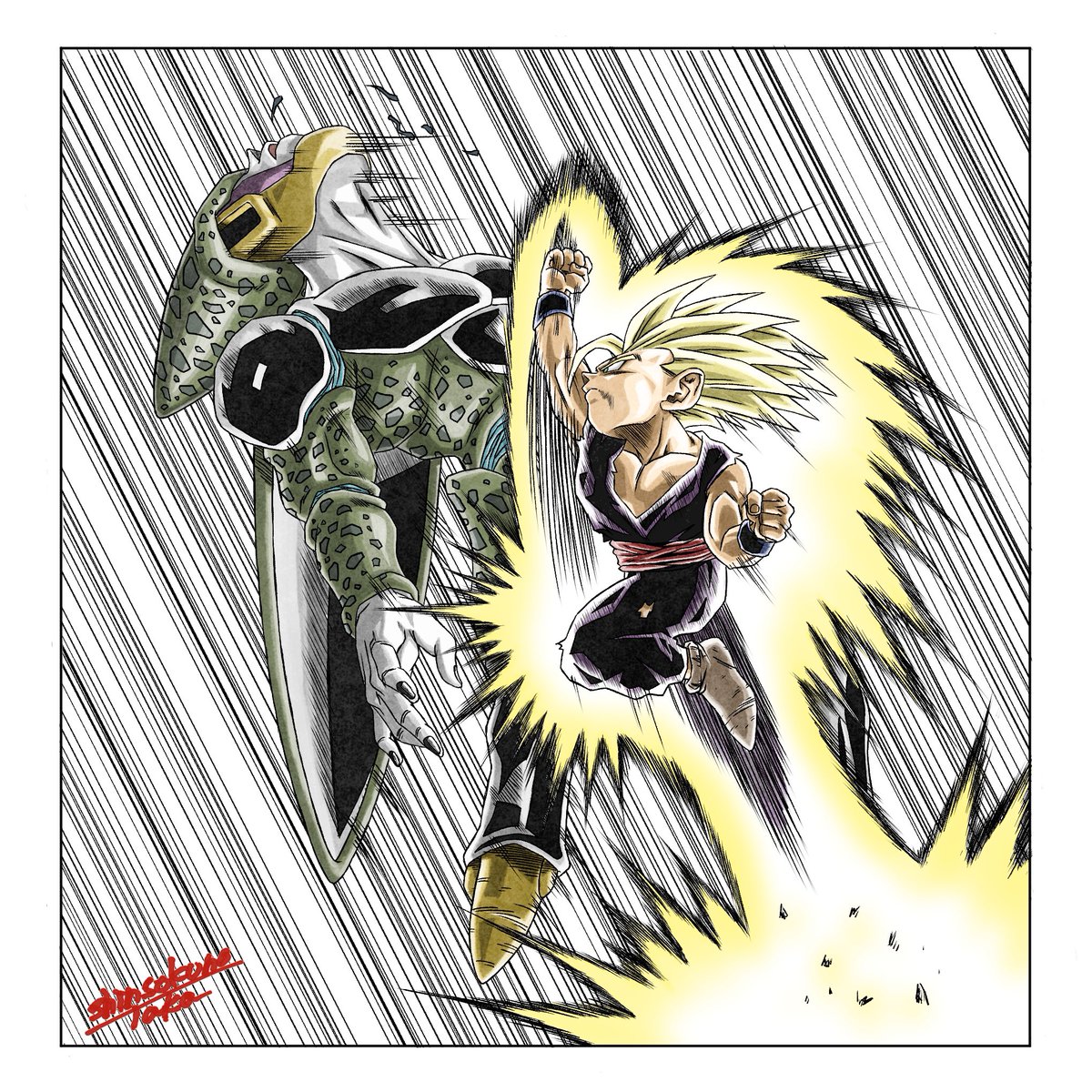 過去絵リメイク 【悟飯2vsセル】 セル…痛っ（笑） #神速の鷹