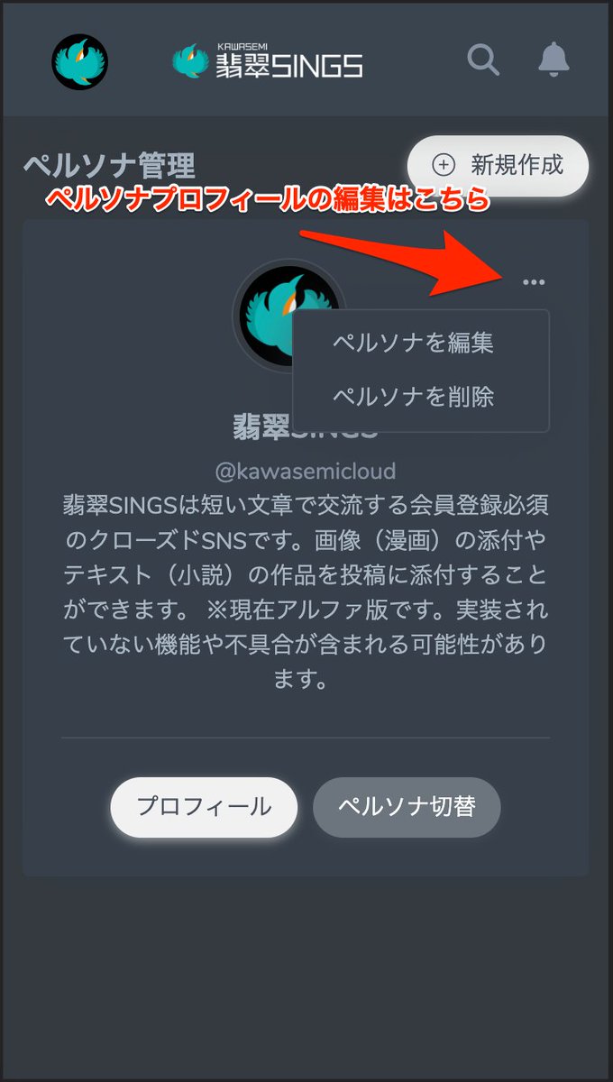 ペルソナプロフィールの編集は メニュー右上の「」→ペルソナ設定