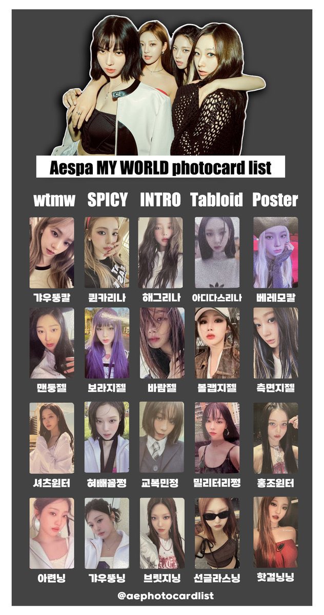 aespa MY WORLDの封入トレカ一覧出てた みんなかわいい〜😭😭😭😭😭